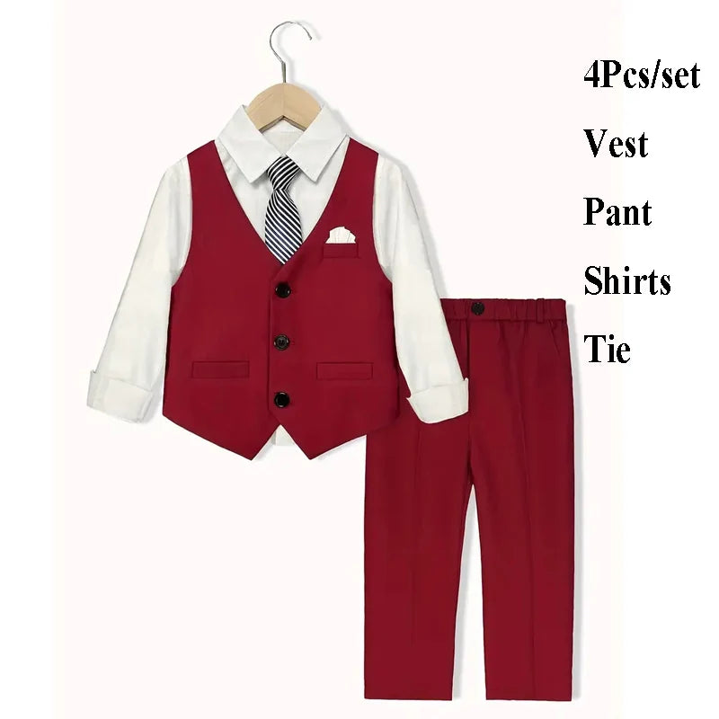 Boys Red Vest Suit Spring Children's Performance Birthday Party Wedding Photography Costume Kids Waistcoat Pants Bowtie pocket square