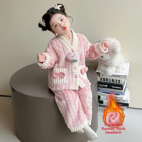 2025 Girls Coral Fleece Pajama Set, Cute Cartoon Loungewear for Toddlers & Kids Winter Sleepwear