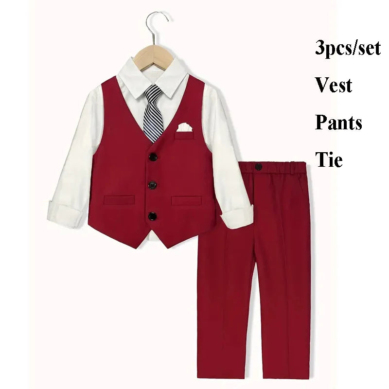 Boys Red Vest Suit Spring Children's Performance Birthday Party Wedding Photography Costume Kids Waistcoat Pants Bowtie pocket square