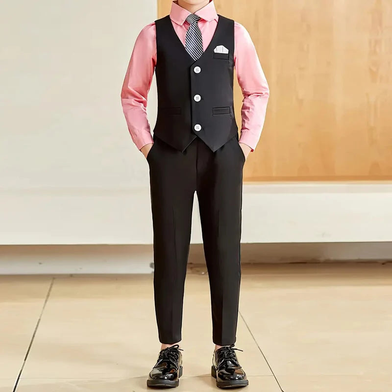 Boys Red Vest Suit Spring Children's Performance Birthday Party Wedding Photography Costume Kids Waistcoat Pants Bowtie pocket square