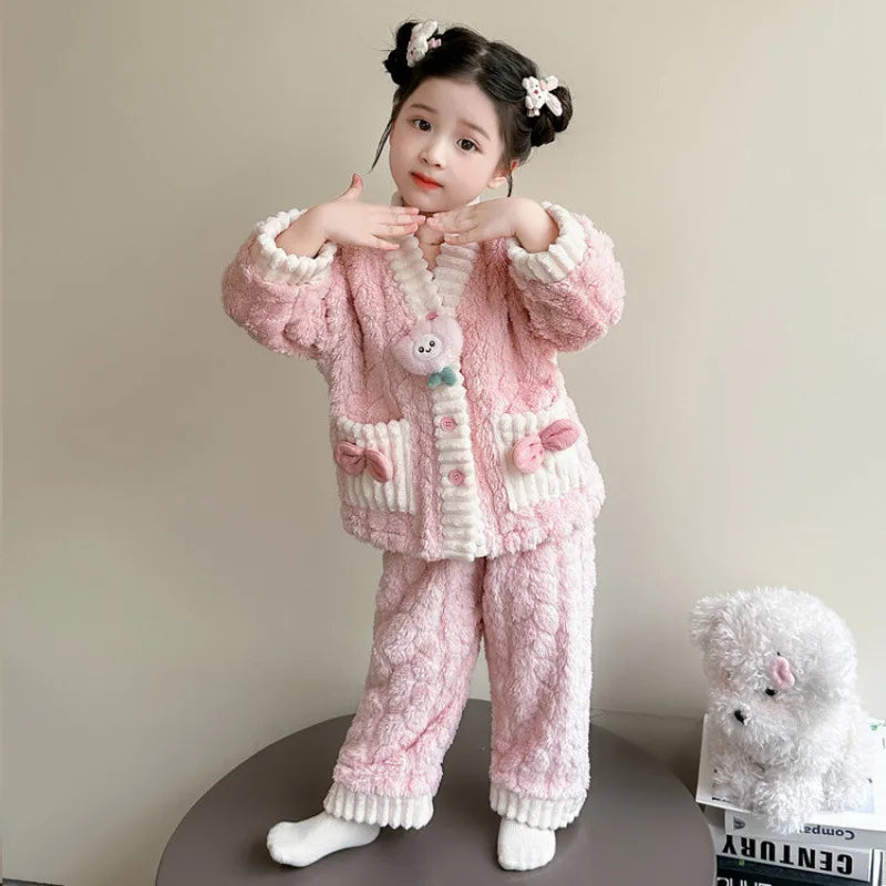 2025 Girls Coral Fleece Pajama Set, Cute Cartoon Loungewear for Toddlers & Kids Winter Sleepwear