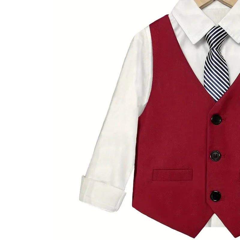 Boys Red Vest Suit Spring Children's Performance Birthday Party Wedding Photography Costume Kids Waistcoat Pants Bowtie pocket square