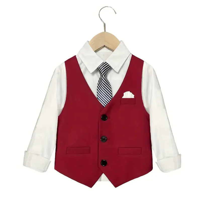 Boys Red Vest Suit Spring Children's Performance Birthday Party Wedding Photography Costume Kids Waistcoat Pants Bowtie pocket square