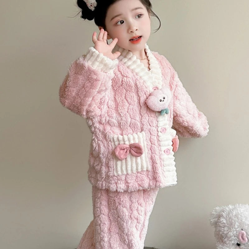 2025 Girls Coral Fleece Pajama Set, Cute Cartoon Loungewear for Toddlers & Kids Winter Sleepwear