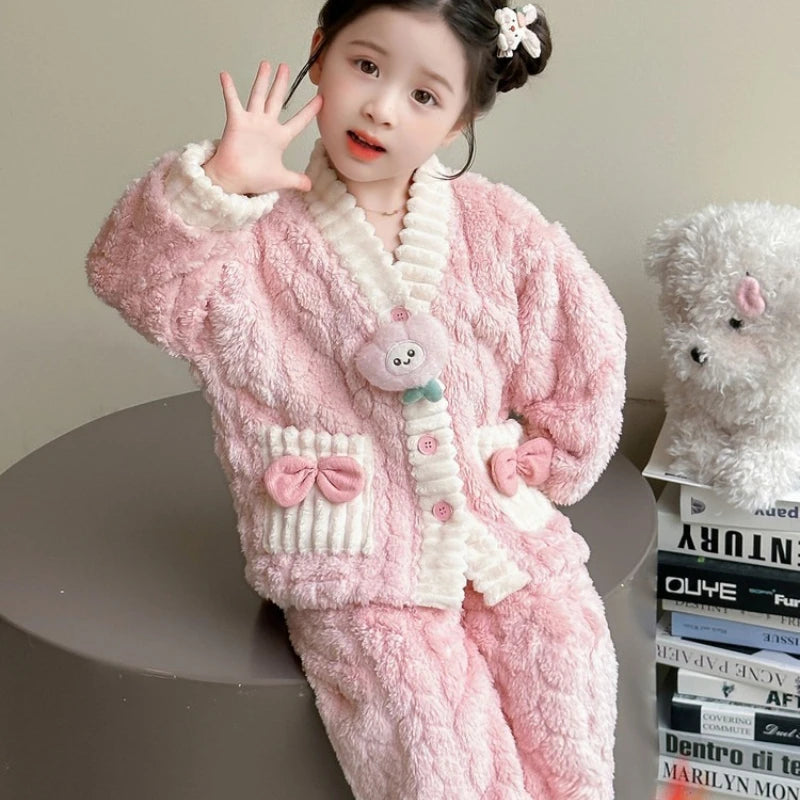 2025 Girls Coral Fleece Pajama Set, Cute Cartoon Loungewear for Toddlers & Kids Winter Sleepwear