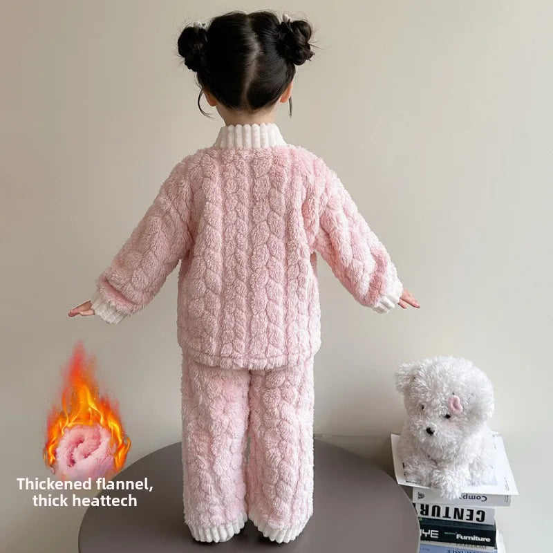 2025 Girls Coral Fleece Pajama Set, Cute Cartoon Loungewear for Toddlers & Kids Winter Sleepwear