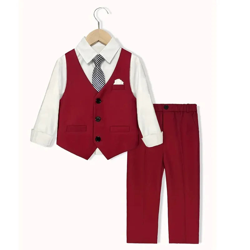 Boys Red Vest Suit Spring Children's Performance Birthday Party Wedding Photography Costume Kids Waistcoat Pants Bowtie pocket square