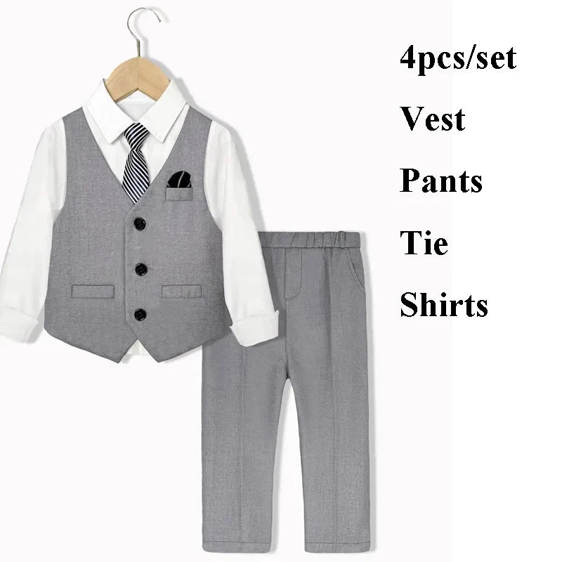 Boys Red Vest Suit Spring Children's Performance Birthday Party Wedding Photography Costume Kids Waistcoat Pants Bowtie pocket square